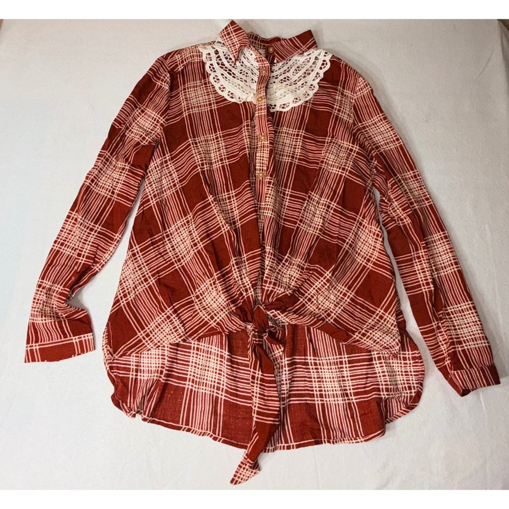 Entro Plaid Button Down Women S Red Crochet Lace Tie Front T10858
